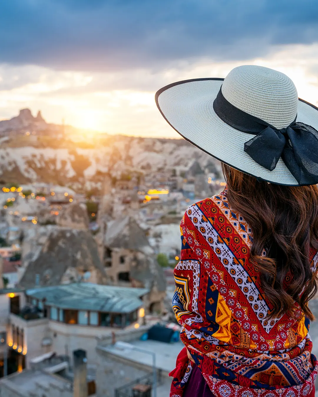 woman enjoying view goreme town cappadocia turkey копия